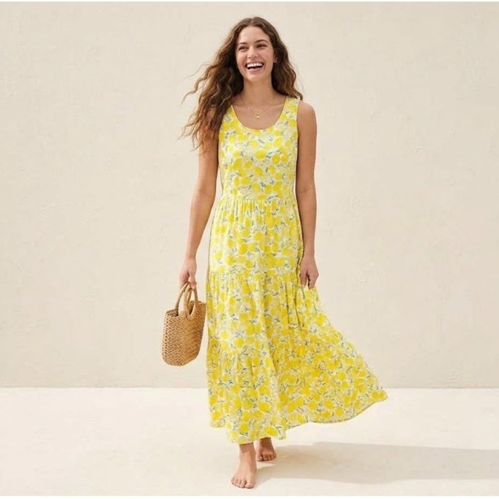 Lands' End Lemon Print Maxi Dress Medium Petite (MP) Summer Picnic Sun Dress